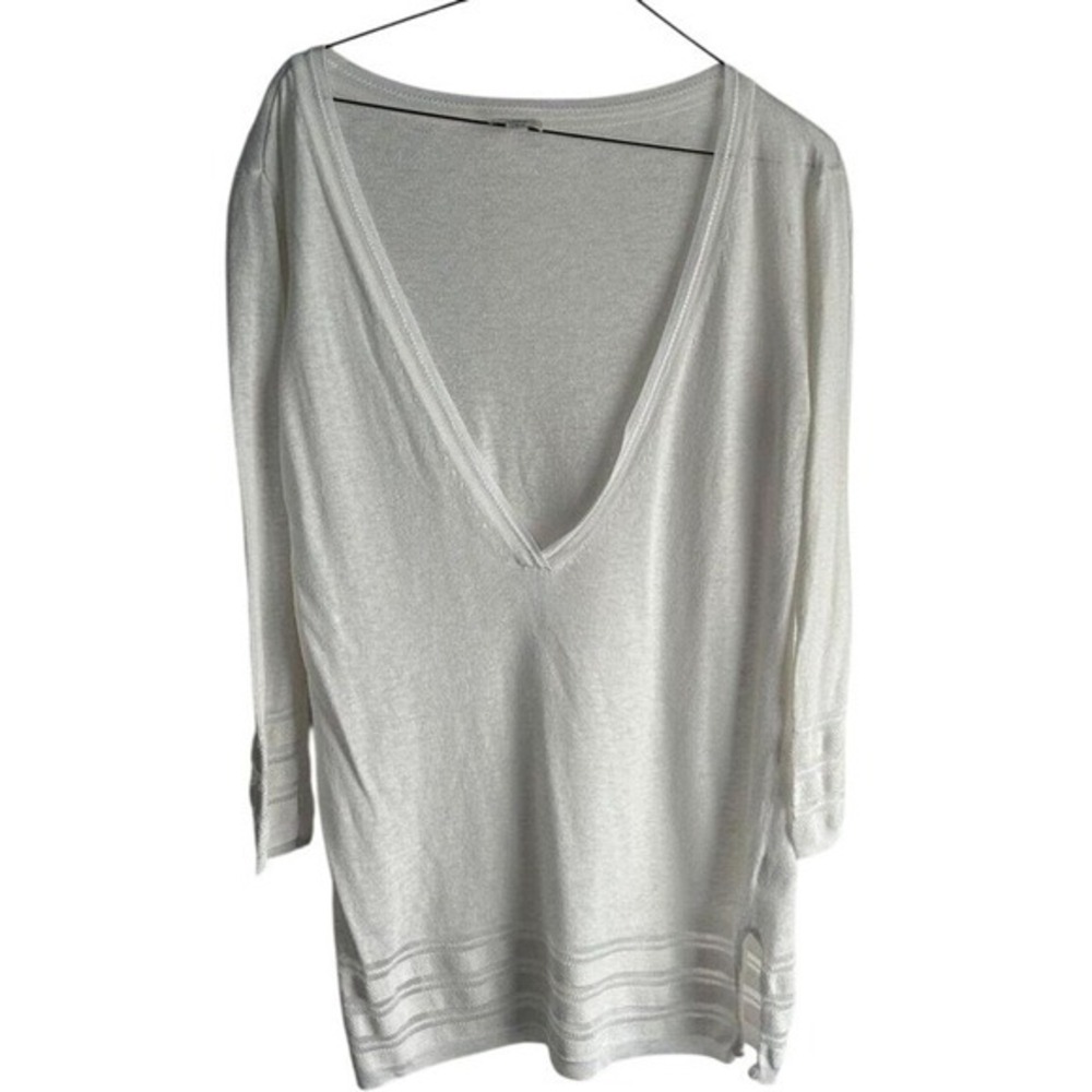 J.Jill Top Women Small White Excellent V-Neck Cotton Linen Tunic - Picture 2 of 6
